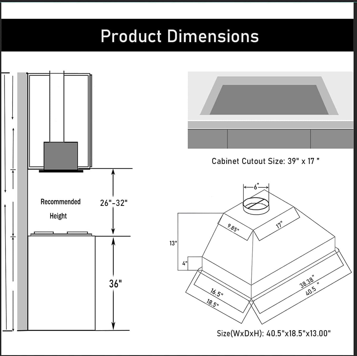 Range Hood Insert 42 Inch, 900 CFM Insert Range Hood, Touch Control Range Hood Insert, Remote & Gesture Sensing Vent Hood Insert, 4-Speed Hood Range Insert, Stainless Steel Range Hood, AE88-42