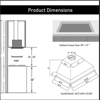 Range Hood Insert 42 Inch, 900 CFM Insert Range Hood, Touch Control Range Hood Insert, Remote & Gesture Sensing Vent Hood Insert, 4-Speed Hood Range Insert, Stainless Steel Range Hood, AE88-42