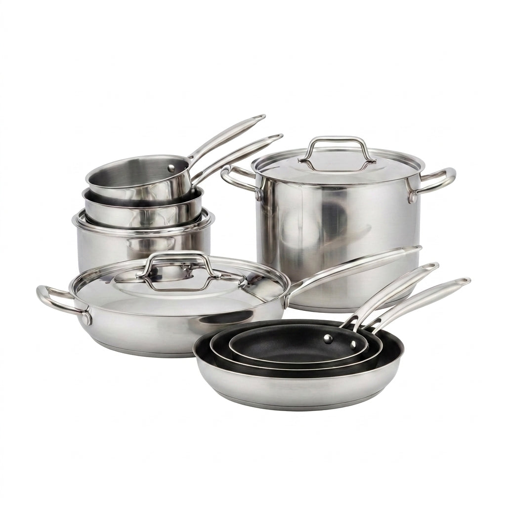 Stainless Steel Cookware Set Designed for Professional Results, Tri-Ply Construction, Aluminum Core, 11 Pieces — Studio Shot