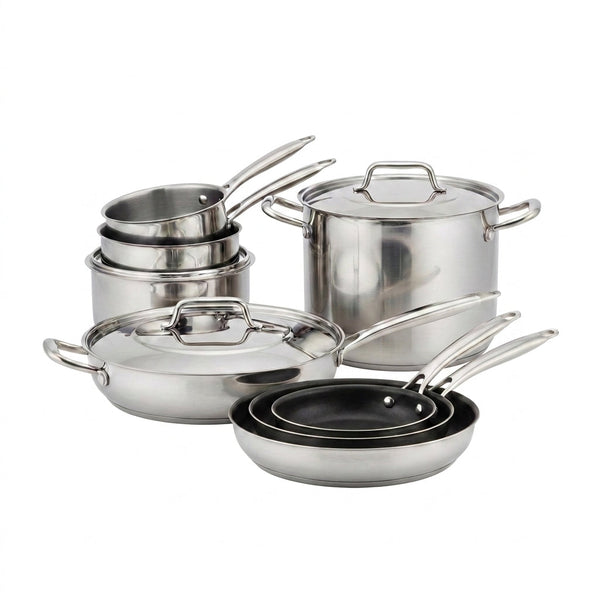 Stainless Steel Cookware Set Designed for Professional Results, Tri-Ply Construction, Aluminum Core, 11 Pieces — Studio Shot