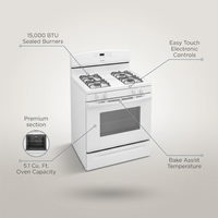 White Freestanding Gas Range with 5.1 Cu. Ft. & Bake Assist Temps — infographic