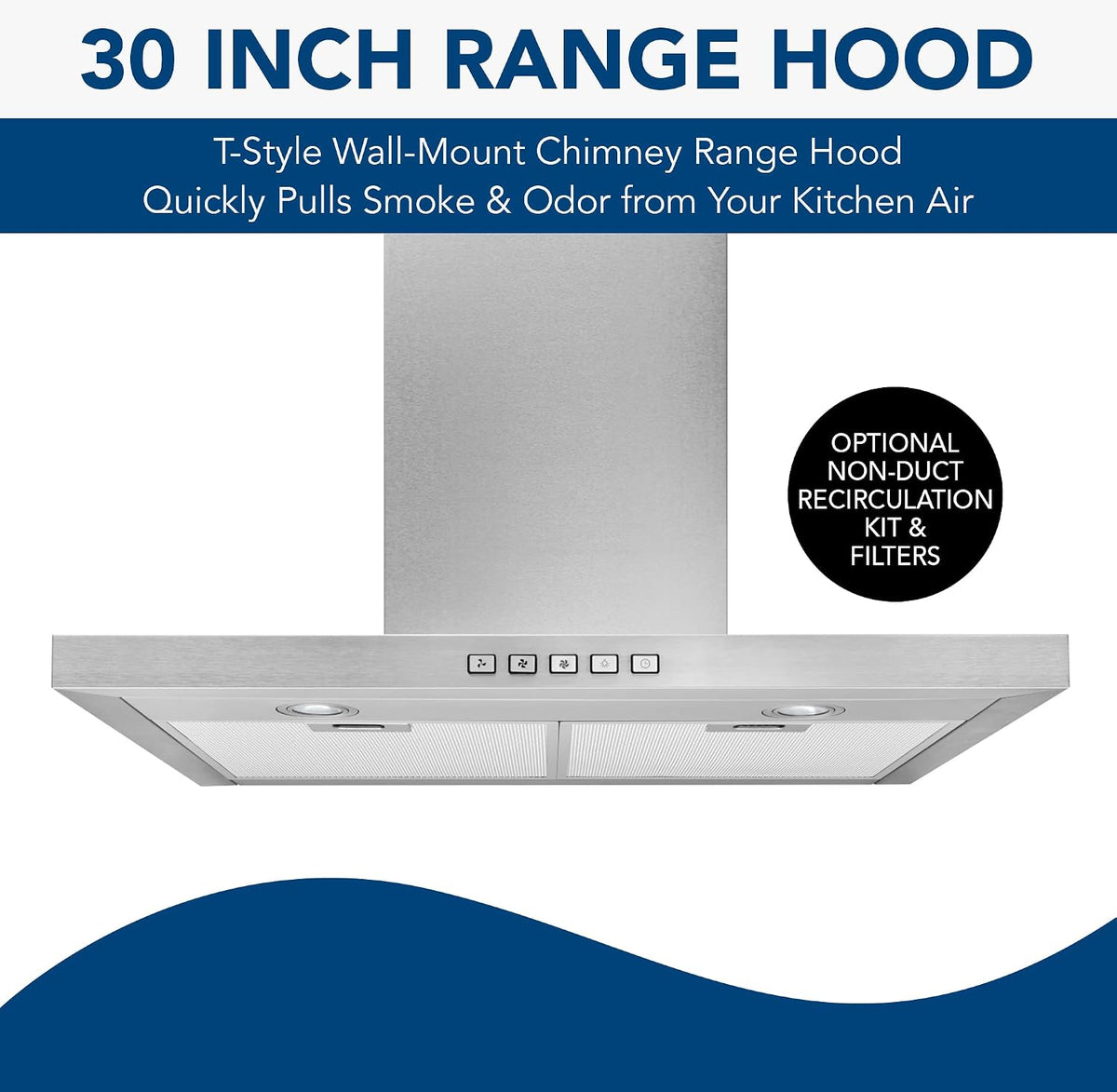 BWT1304SS T-Style Range LED Lighting Convertible Wall-Mount Kitchen Chimney Vent Hood, 30-Inch, Stainless Steel