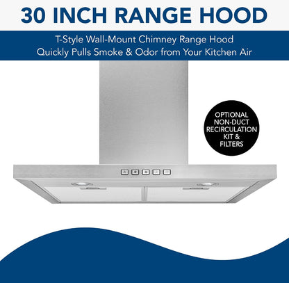 BWT1304SS T-Style Range LED Lighting Convertible Wall-Mount Kitchen Chimney Vent Hood, 30-Inch, Stainless Steel