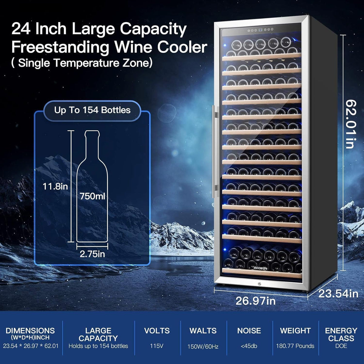24 Inch Wine Cooler, 154 Bottle Large Refrigerator, Tall Freestanding Wine Fridge with Intelligent Temperature Memory & Humidity Control, Upgraded Quiet Compressor for Bedroom, Bar and Kitchen