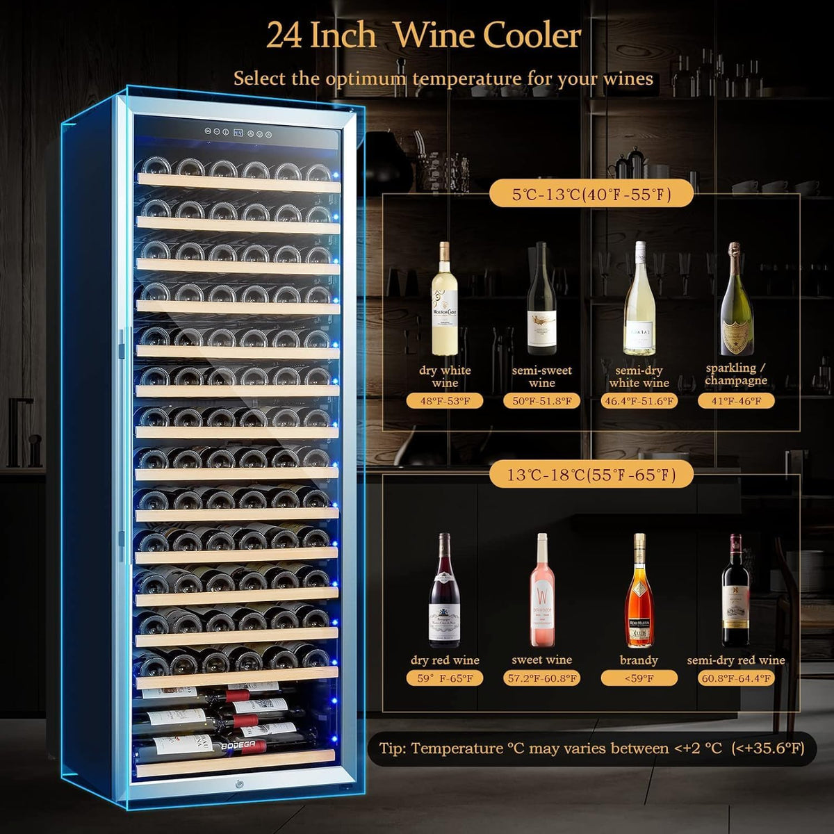 24 Inch Wine Cooler, 154 Bottle Large Refrigerator, Tall Freestanding Wine Fridge with Intelligent Temperature Memory & Humidity Control, Upgraded Quiet Compressor for Bedroom, Bar and Kitchen