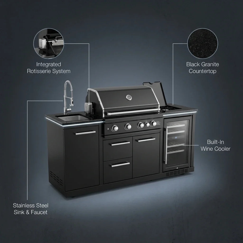 46-Inch 4-Burner Outdoor Kitchen Combo with Wine Cooler, Rotisserie, Granite Countertops, and Stainless Steel Sink — infographic
