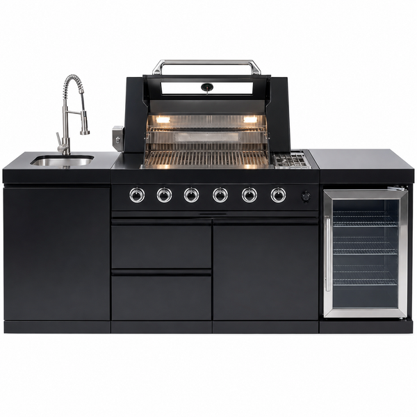 46-Inch 4-Burner Outdoor Kitchen Combo with Wine Cooler, Rotisserie, Granite Countertops, and Stainless Steel Sink